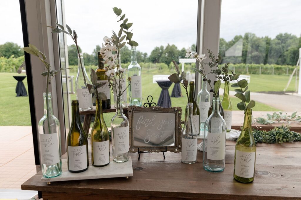 Hand crafted seating chart for vineyard or winery wedding at tabor hill weddings