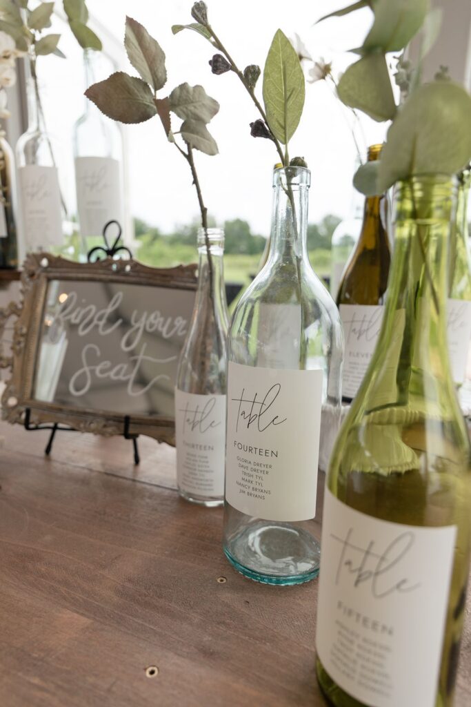 Hand crafted seating chart for vineyard or winery wedding at tabor hill weddings